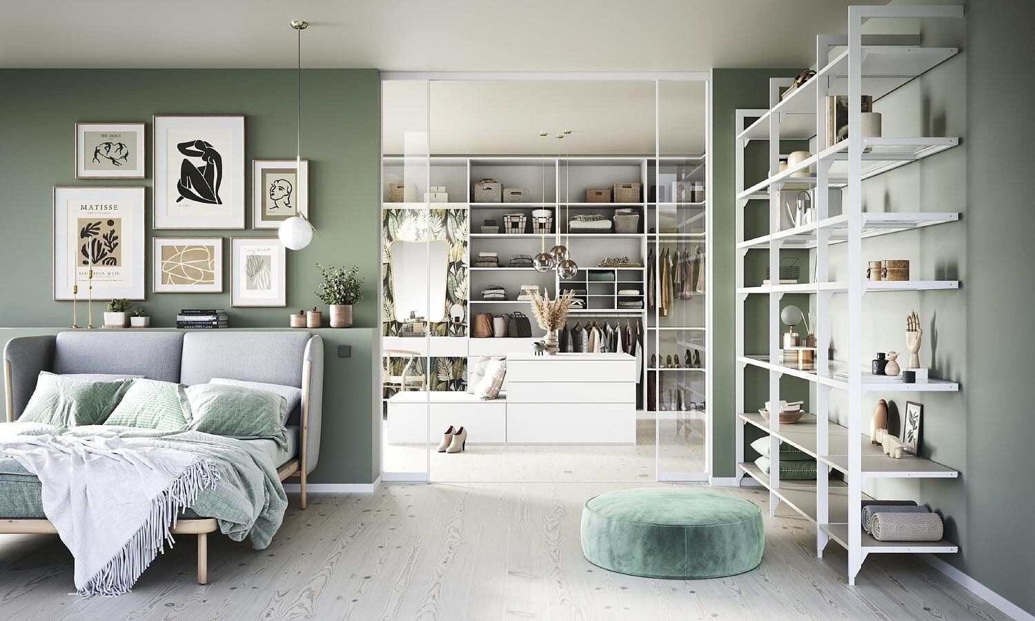Ankleidezimmer hinter Glaswand mit begehbarem Kleiderschrank, offenen Einbauregalen und Sitzhocker in Grüntönen.