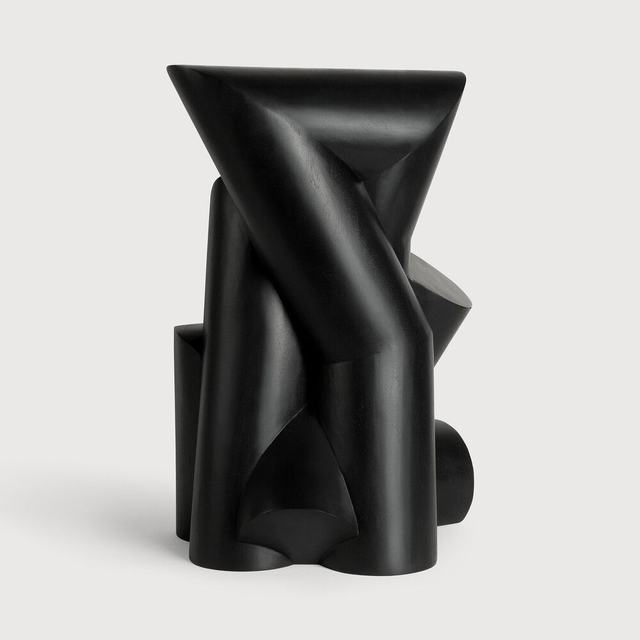 Abstraktes, schwarzes Skulptur-Objekt mit geschwungenen Formen als minimalistisches Design-Element