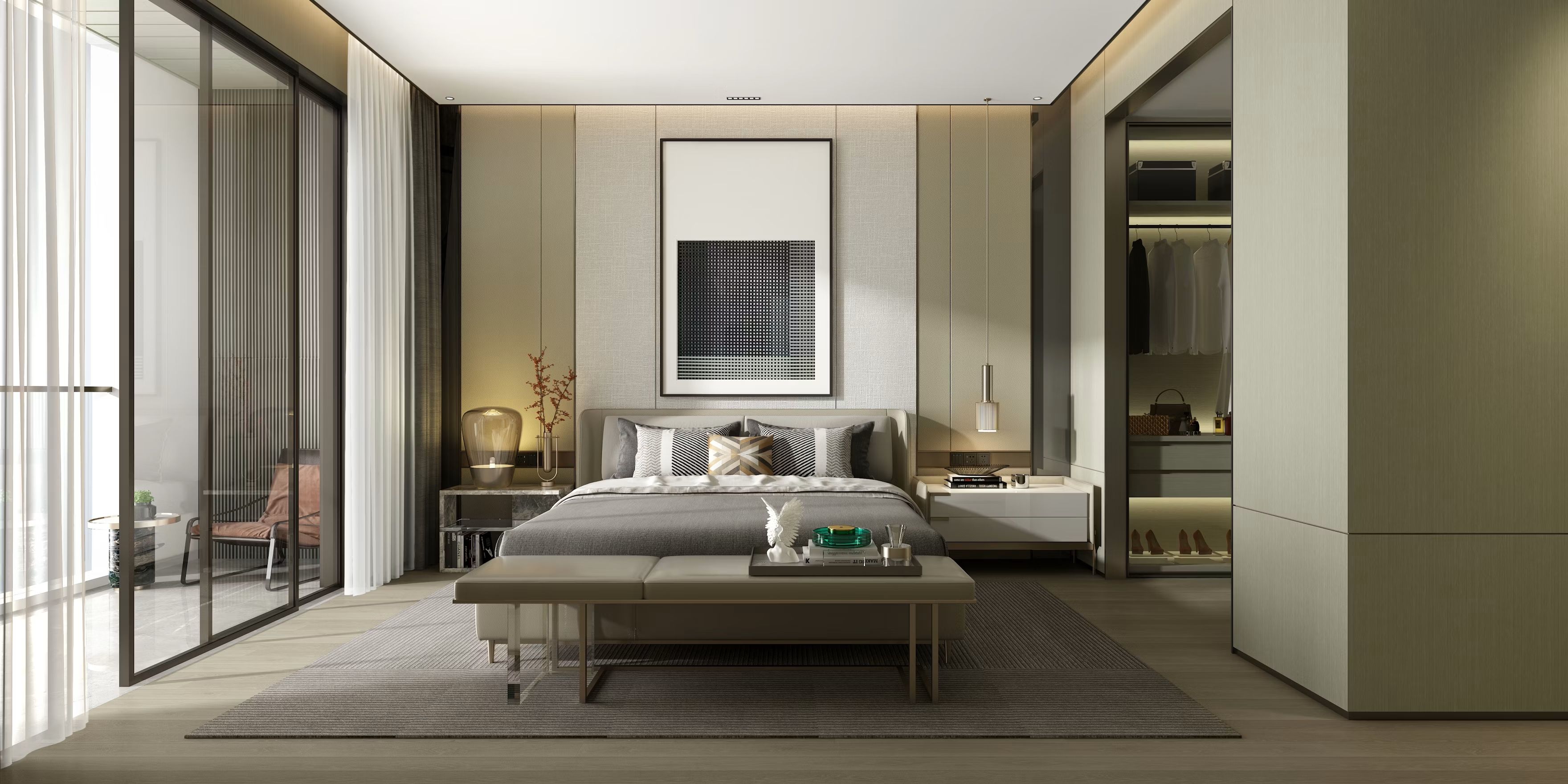 Elegantes Schlafzimmer in Beigetönen mit gepolstertem Bett, Sitzbank und angrenzender Ankleide.
